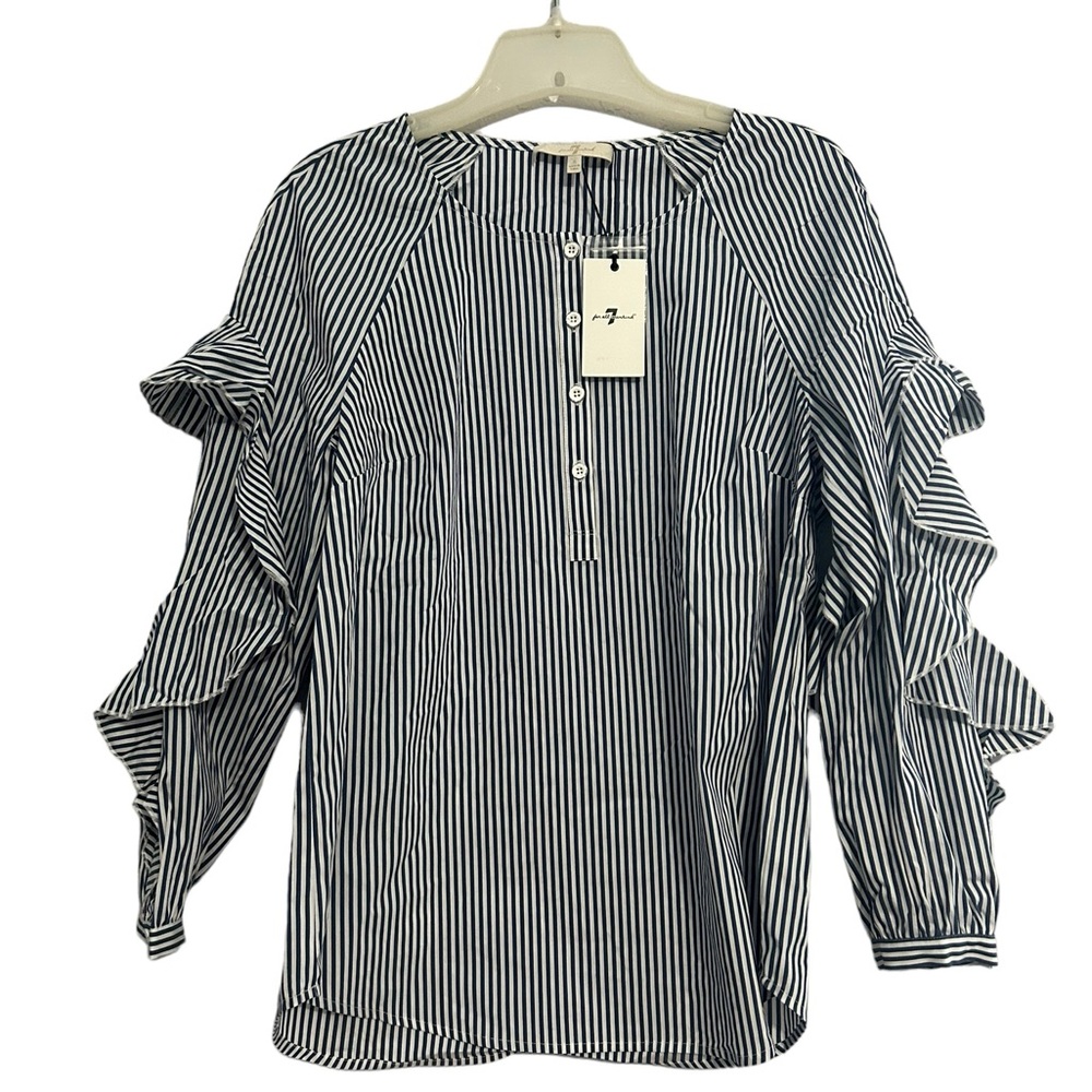 7 FOR ALL MANKIND Ruffle Long Sleeve Pinstriped Blouse Top NWT Size Small - Picture 1 of 9